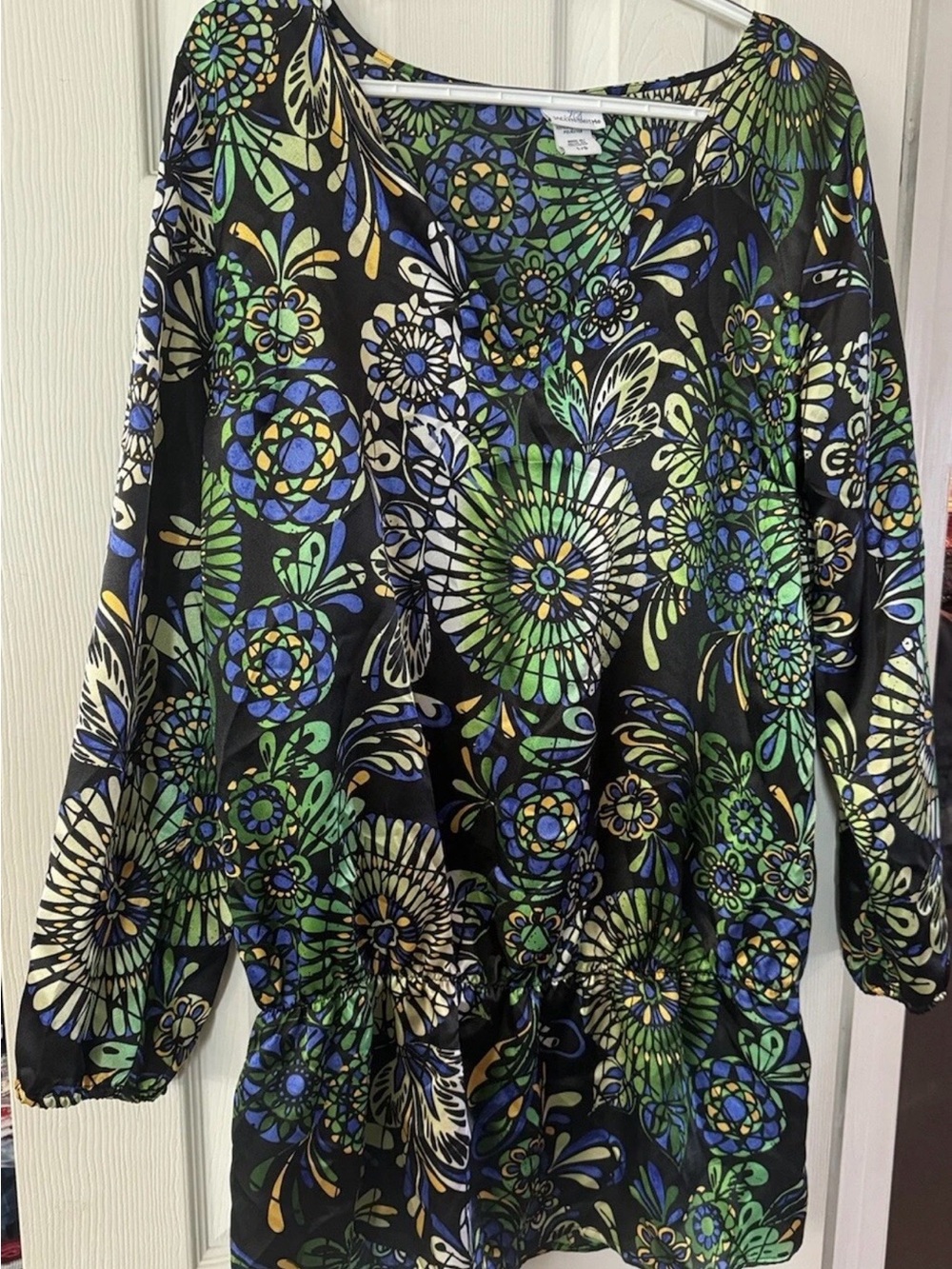 Jaclyn Smith Black Floral Medallion V-Neck Top with Blue & Green